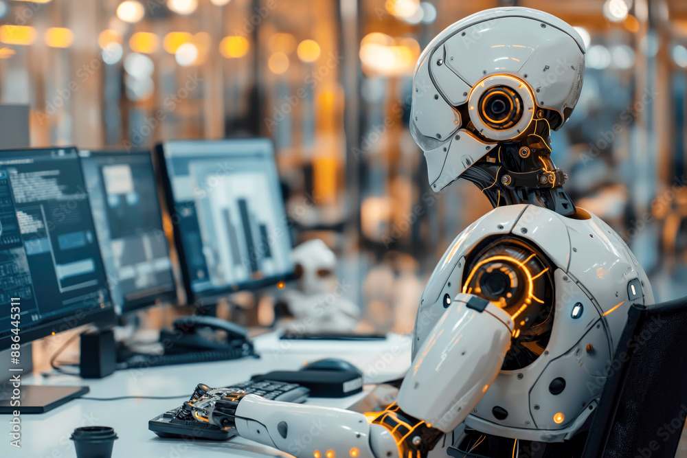 Fototapeta premium A high-tech robot sitting at a desk, working on a computer in an office environment, with advanced machinery visible in the background.