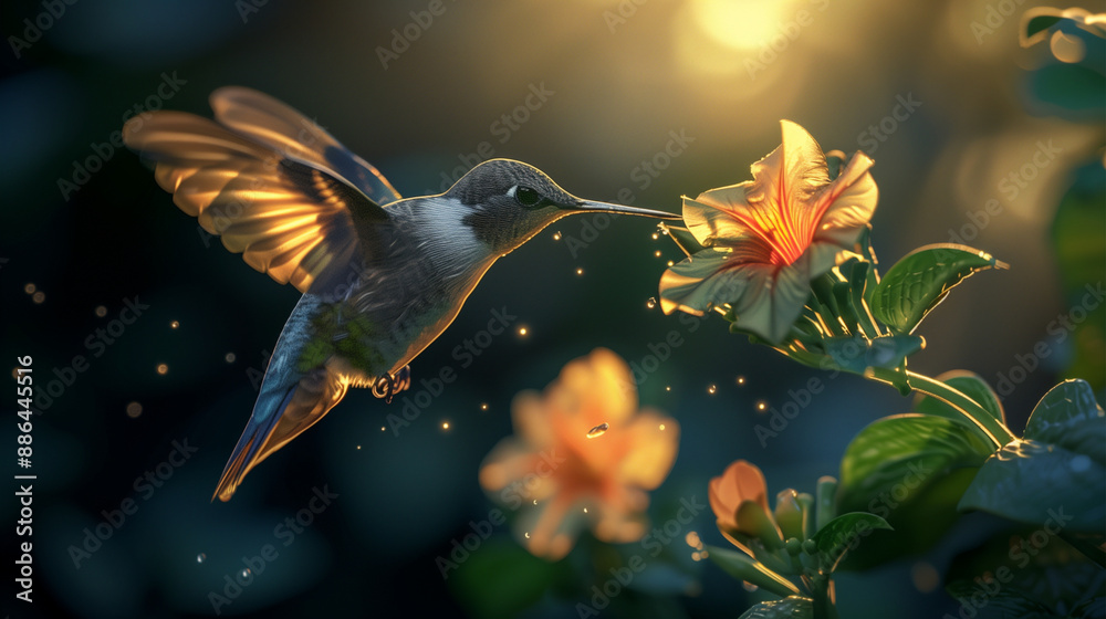 Fototapeta premium A hummingbird hovering near a vibrant flower