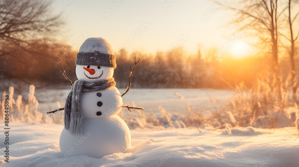 Fototapeta premium Adorable snowman in a winter landscape, donning a hat and scarf, with sunlight and soft shadows