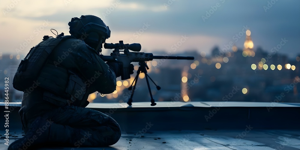 Fototapeta premium Nighttime Sniper in War Conflict Positioned on Rooftop. Concept Military Tactics, Night Operations, Sniper Skills, War Zones, Rooftop Positioning