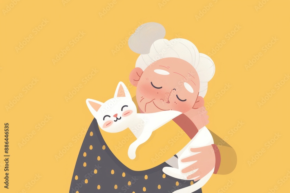 Elderly woman holding a white cat in front of a yellow background. Elderly woman holding a white cat in front of a yellow background.