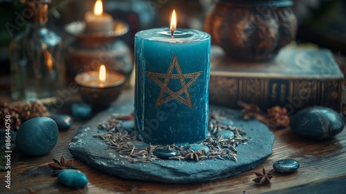A mystic blue candle on a Wiccan altar, surrounded by magical symbols and herbs, evoking an aura of enchantment.