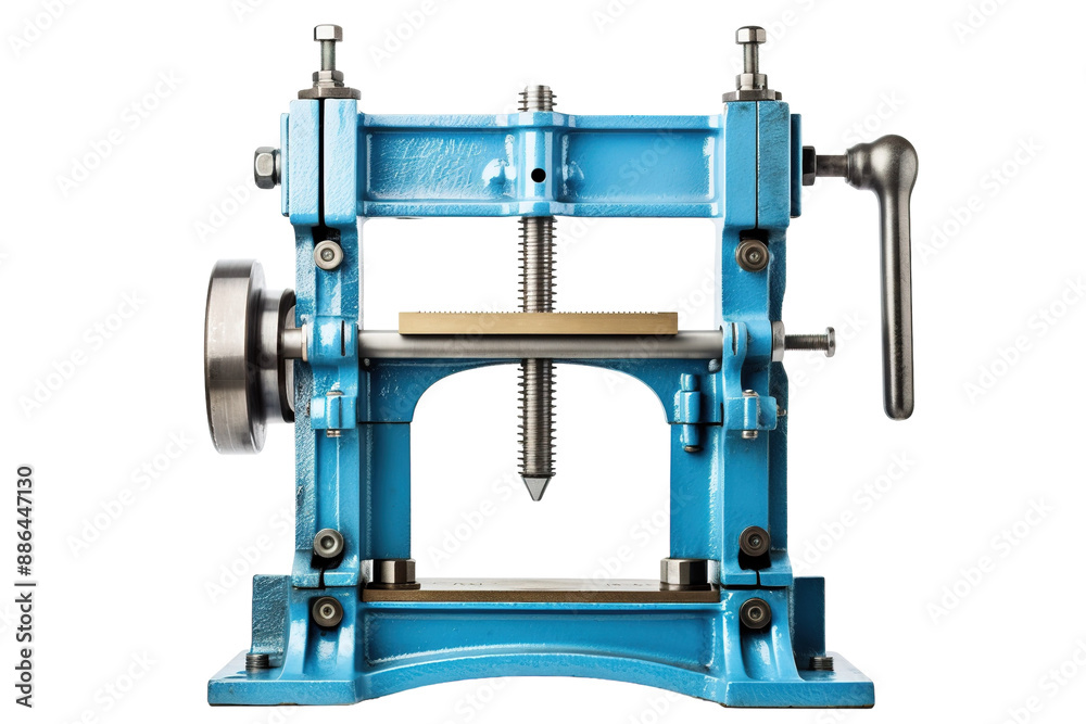 A Blue Steel Hand Crank Press for Crafting and Making on a White or Clear Surface PNG Transparent Background A Blue Steel Hand Crank Press for Crafting and Making on a White or Clear Surface PNG Transparent Background