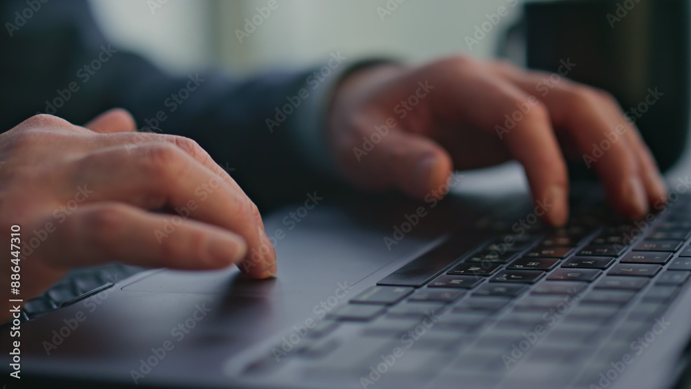 Unrecognizable writer typing keyboard laptop creating article at office closeup Unrecognizable writer typing keyboard laptop creating article at office closeup