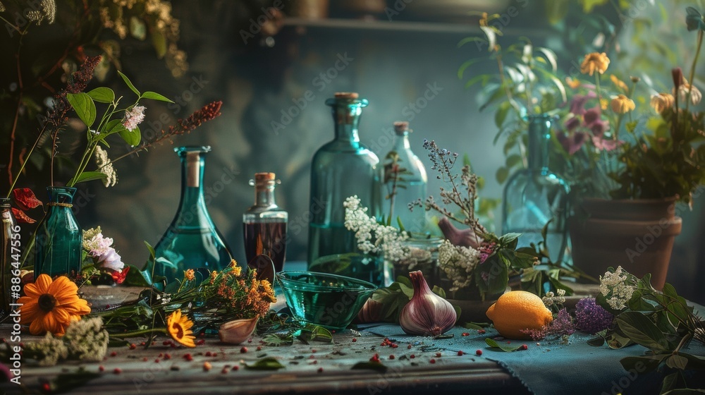 Assorted Bottles and Herbs on Table Assorted Bottles and Herbs on Table