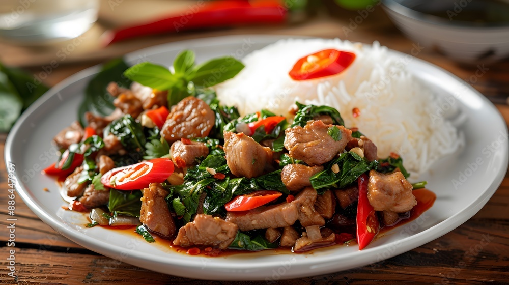 1 plate of pork with basil over rice. Thai food 1 plate of pork with basil over rice. Thai food