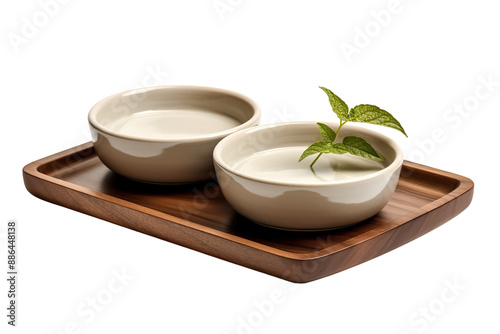 Two Porcelain Bowls on a Wooden Tray With a Sprig of Mint on a White or Clear Surface PNG Transparent Background