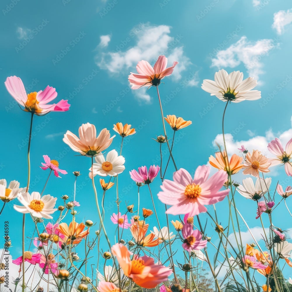 custom made wallpaper toronto digitalColorful cosmos flowers in the meadow on a blue sky background.