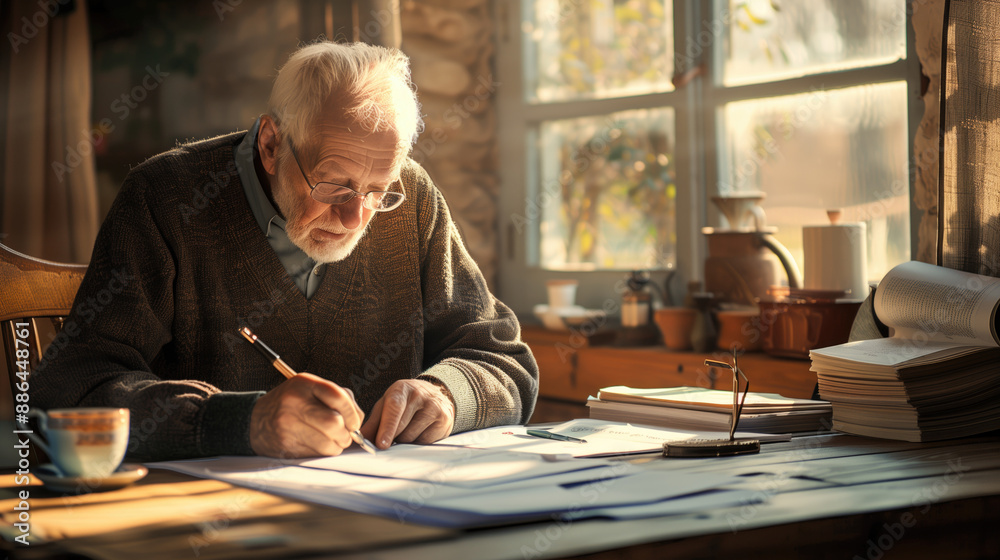 Senior man writing his last testament rustic wooden table in sunlit room with stacks of books and cup of coffee. Retirement, lifestyle, writing, literature, solitude Senior man writing his last testament rustic wooden table in sunlit room with stacks of books and cup of coffee. Retirement, lifestyle, writing, literature, solitude