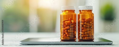 Obraz na płótnie Medication bottles with digital prescription labels displayed on a tablet focus on, realistic, composite, home setting backdrop w salonie
