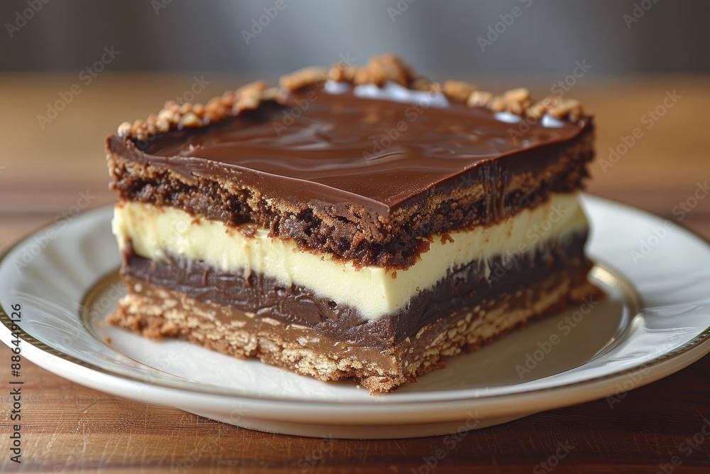 Canada: Nanaimo Bars Layered bars with a crumbly base, custard-flavored middle layer, and chocolate topping, cut into squares and served on a plate Canada: Nanaimo Bars Layered bars with a crumbly base, custard-flavored middle layer, and chocolate topping, cut into squares and served on a plate