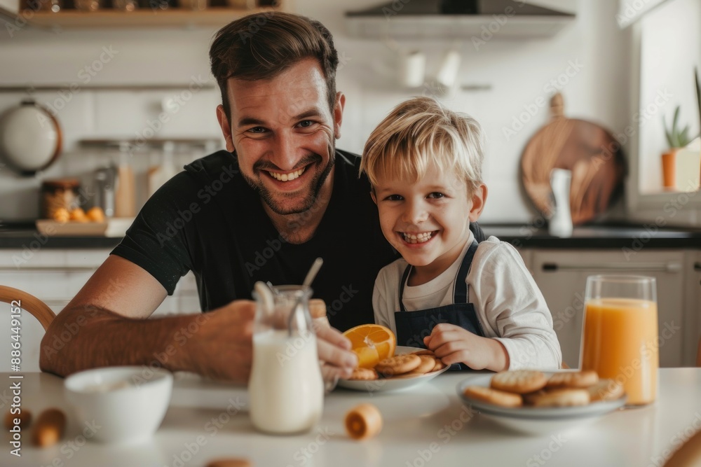 A happy father and son were having breakfast at home.