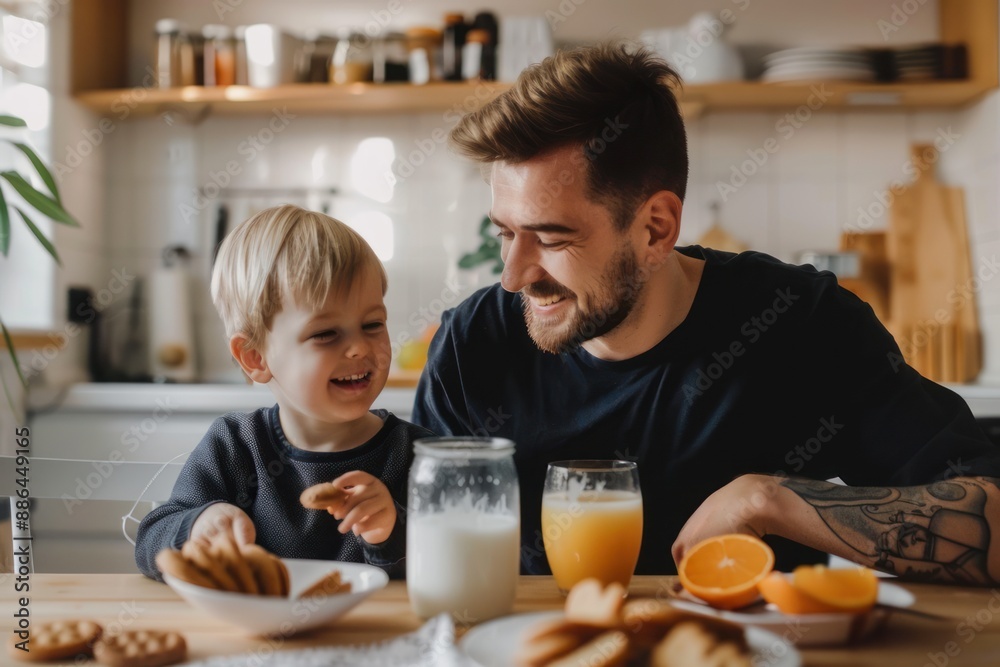 A happy father and son were having breakfast at home. A happy father and son were having breakfast at home.
