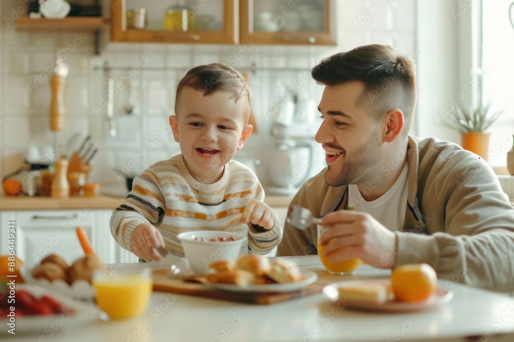A happy father and son were having breakfast at home. A happy father and son were having breakfast at home.