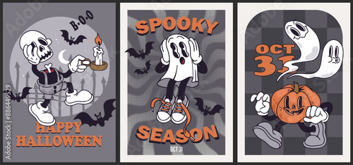 Groovy retro 30s Halloween posters. Funky cartoon characters and elements. Gloved ghosts, gloved pumpkin with boots, zombie hand, skeleton boy, bats, skull. Spooky Season. Trendy retro cartoon style.