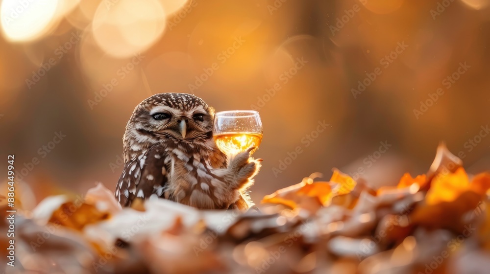 A content owl holds a glass amidst autumn foliage with bokeh lighting in the background, illustrating a peaceful and cozy woodland scene. A content owl holds a glass amidst autumn foliage with bokeh lighting in the background, illustrating a peaceful and cozy woodland scene.