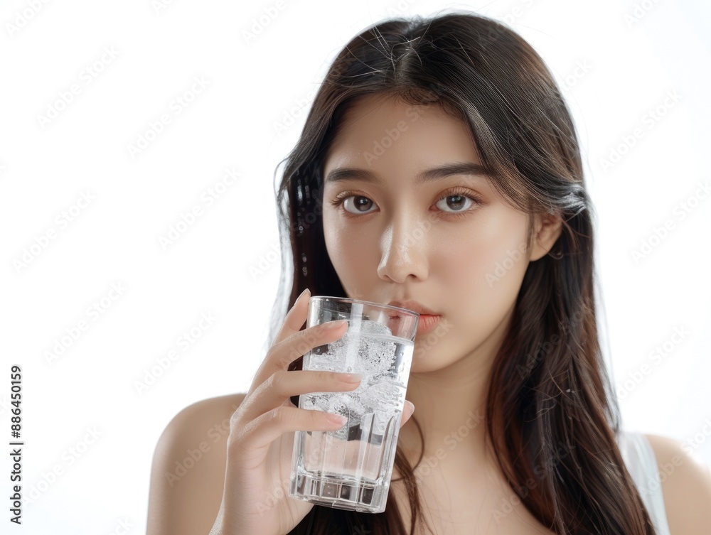A woman holds a glass of water in front of her face, possibly trying to cool down or get relief from dry air A woman holds a glass of water in front of her face, possibly trying to cool down or get relief from dry air