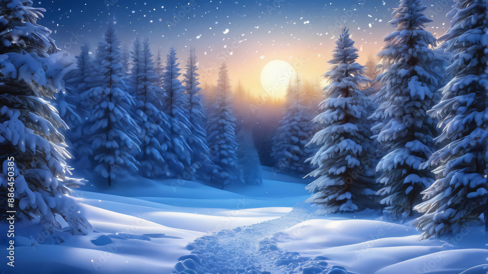 Naklejka premium winter landscape scene with trees covered in snow during sunrise