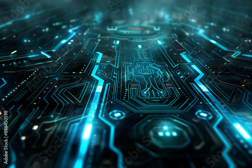 A wallpaper featuring a sleek and futuristic circuit board design with glowing blue accents.