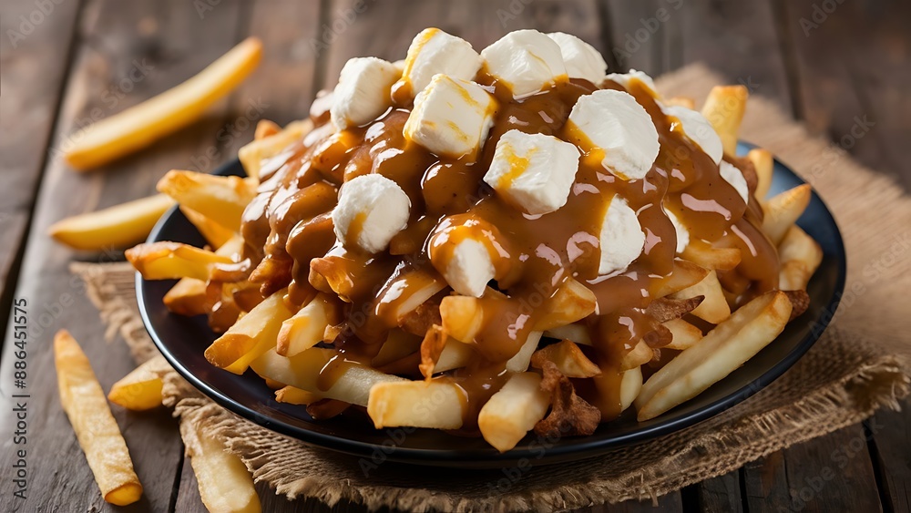 Delicious Poutine with cheese curds french fries on the table. so juicy and yummy Delicious Poutine with cheese curds french fries on the table. so juicy and yummy