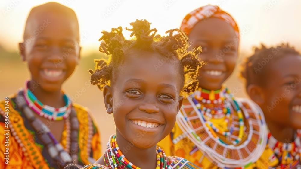 Group of happy African children smiling at the camera, dressed in colorful clothes, standing outdoors on a sunny day. Community and joy concept.