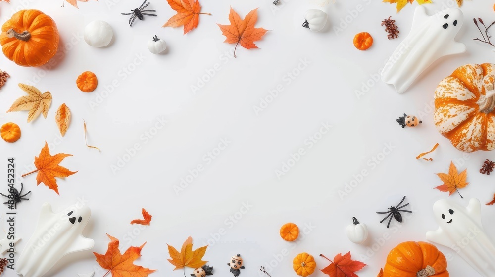Ghosts, pumpkins, and autumn leaves arranged on a white background, creating a fun and festive Halloween composition. Ghosts, pumpkins, and autumn leaves arranged on a white background, creating a fun and festive Halloween composition.