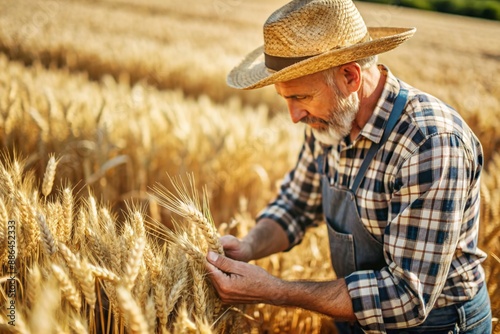 A male farmer holds golden ears of wheat against the background of a ripening field. A farmer in close-up. The concept of planting and harvesting a rich harvest. Rural landscape at sunset.