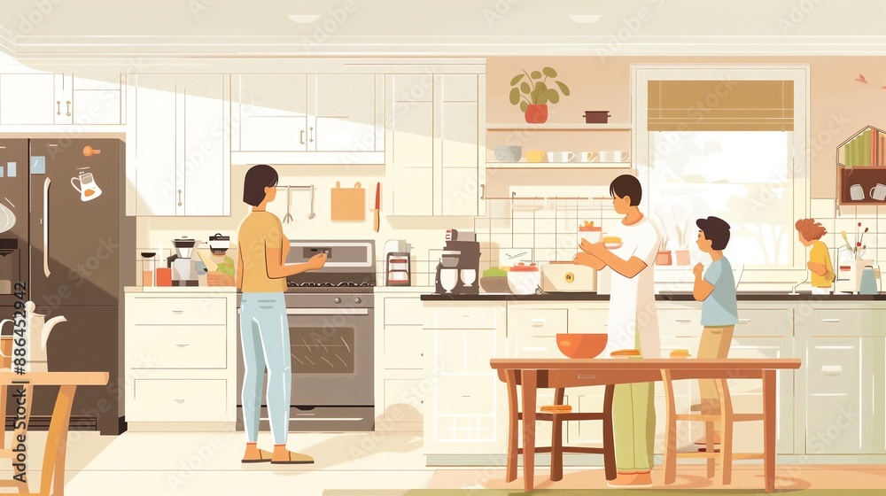 Fototapeta premium Morning Harmony: A Family's Bustling Routine