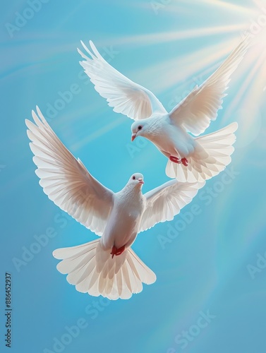 Two white doves flying in the sky, great for backgrounds and romantic scenes