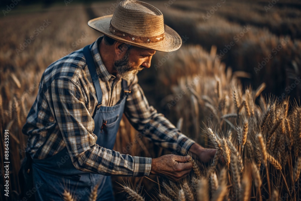 A male farmer holds golden ears of wheat against the background of a ripening field. A farmer in close-up. The concept of planting and harvesting a rich harvest. Rural landscape at sunset. A male farmer holds golden ears of wheat against the background of a ripening field. A farmer in close-up. The concept of planting and harvesting a rich harvest. Rural landscape at sunset.