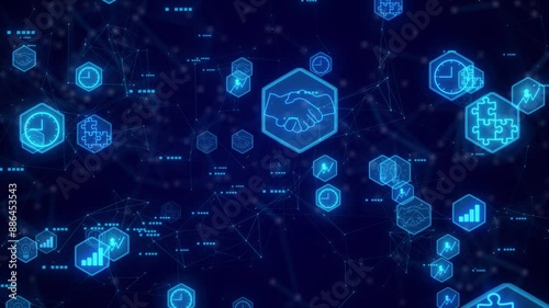 Business Icon Flying On Dark Bg. Business Growth Icon On Hexagon Shape. Business, Success, Time Management, Money, idea,Icon Flying, Business Digital Motion Animation Background. 