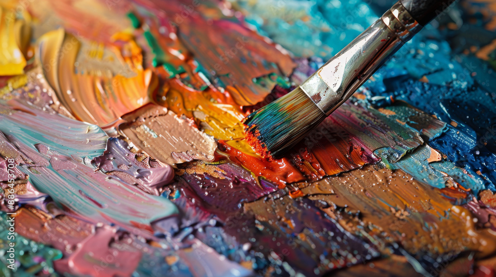 A painting is being created with a brush, with a variety of colors including red A painting is being created with a brush, with a variety of colors including red