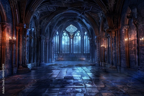 An empty gothic castle, with stone floors, towering arches, flickering torches on the walls, and moonlight streaming through stained glass windows.