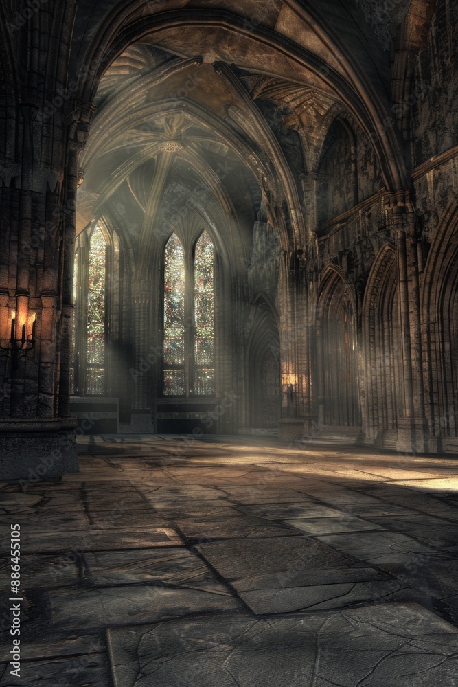 An empty gothic castle, with stone floors, towering arches, flickering torches on the walls, and moonlight streaming through stained glass windows. An empty gothic castle, with stone floors, towering arches, flickering torches on the walls, and moonlight streaming through stained glass windows.