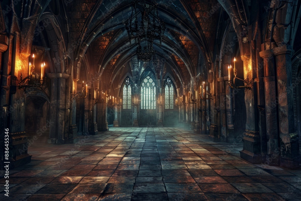 An empty gothic castle, with stone floors, towering arches, flickering torches on the walls, and moonlight streaming through stained glass windows. An empty gothic castle, with stone floors, towering arches, flickering torches on the walls, and moonlight streaming through stained glass windows.