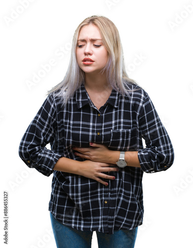 Young blonde woman over isolated background with hand on stomach because nausea, painful disease feeling unwell. Ache concept.