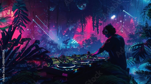 Fototapeta Naklejka Na Ścianę i Meble -  A DJ mixes music at a nighttime event in a lush, tropical jungle setting. Neon lights illuminate the scene, adding a vibrant and futuristic feel.