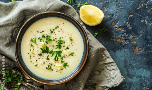 Traditional greek lemon soup avgolemono on rustic background