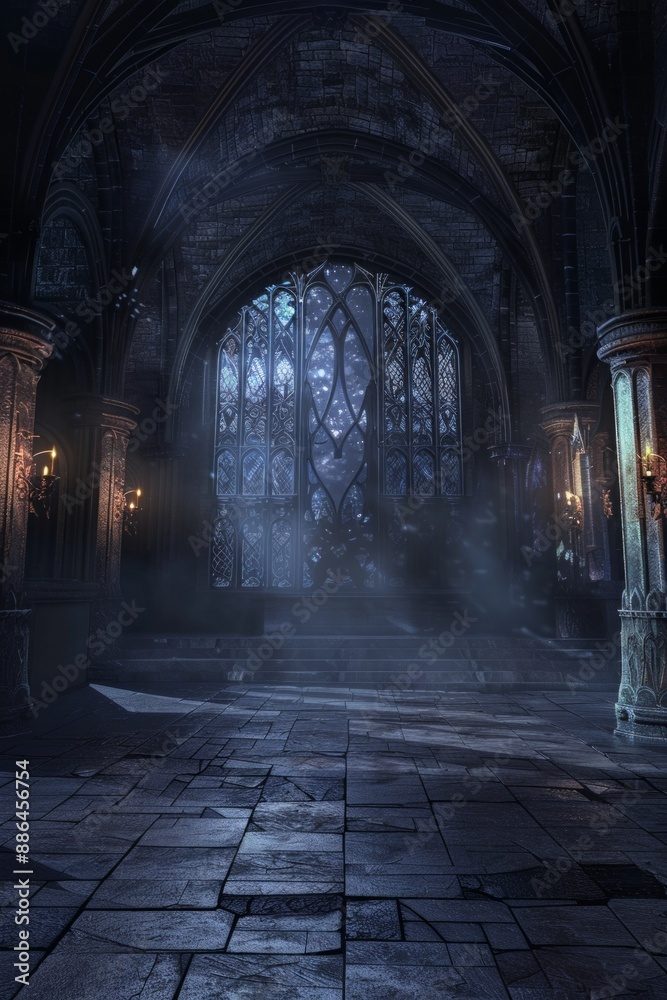 An empty gothic castle, with stone floors, towering arches, flickering torches on the walls, and moonlight streaming through stained glass windows. An empty gothic castle, with stone floors, towering arches, flickering torches on the walls, and moonlight streaming through stained glass windows.