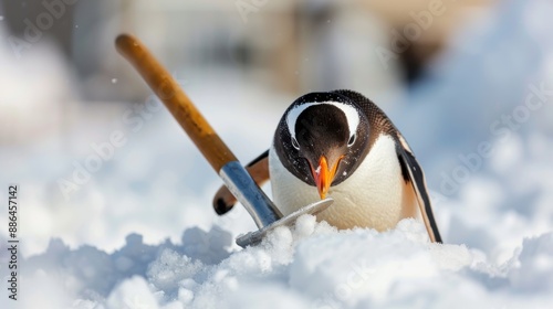 A focused penguin is diligently shoveling snow on a bright winter day. The scene shows the penguin’s attention to its task, surrounded by the brilliance of freshly fallen snow. photo