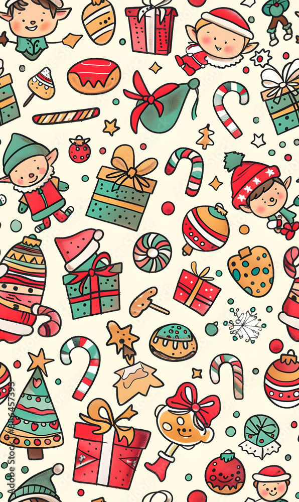 2D illustrated New Year card in a cute graphic style seamless pattern. 2D illustrated New Year card in a cute graphic style seamless pattern.
