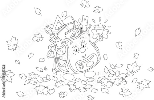 Funny cartoony schoolbag ringing its bell among autumn leaves on the first day of school, black and white outline vector illustration for a coloring book