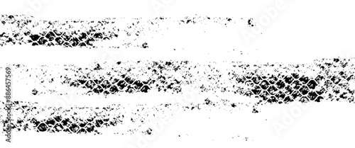 Tire tread marks, wheel textures, tire marks - car racing, motocross, drift, rally, off-road and others. Vector black isolated texture in grunge style with splashes. Black and white monochrome se