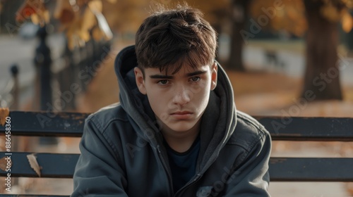 Thoughtful Eastern European Teenage Boy Sitting on a Park Bench in Autumn, Youth, and Contemplation, Ideal for Print, Card, Poster © gn8