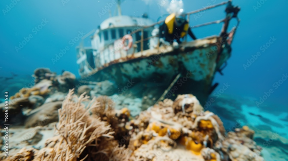 A scuba diver closely inspects the details of an underwater shipwreck, surrounded by colorful coral reefs and marine life, capturing the spirit of underwater exploration and discovery. A scuba diver closely inspects the details of an underwater shipwreck, surrounded by colorful coral reefs and marine life, capturing the spirit of underwater exploration and discovery.