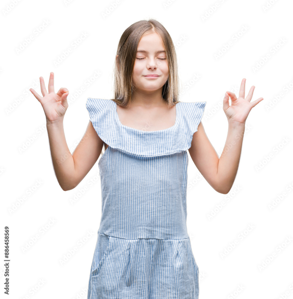 Young beautiful girl over isolated background relax and smiling with eyes closed doing meditation gesture with fingers. Yoga concept. Young beautiful girl over isolated background relax and smiling with eyes closed doing meditation gesture with fingers. Yoga concept.