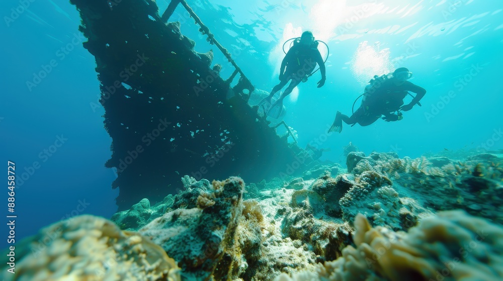 Divers meticulously explore the underwater ruins of a shipwreck, surrounded by coral reefs and marine creatures, encapsulating the beauty and intrigue of oceanic adventures. Divers meticulously explore the underwater ruins of a shipwreck, surrounded by coral reefs and marine creatures, encapsulating the beauty and intrigue of oceanic adventures.