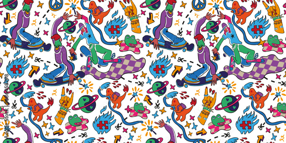 Obraz premium seamless pattern with teens doodle elements in vector.teenage subcultural objects for backdrop print textile fabric poster wallpaper wrapping backgrounds