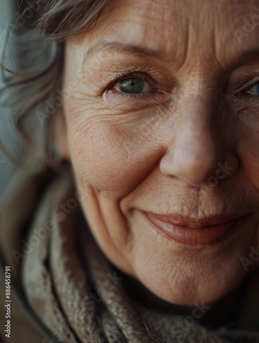 A close-up shot of a woman wearing a scarf