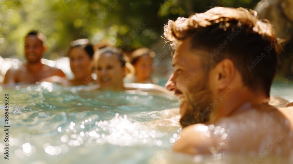 The image captures a group of people immersed in a calm hot spring, enjoying the peaceful and natural surroundings, representing leisure and relaxation in nature. The image captures a group of people immersed in a calm hot spring, enjoying the peaceful and natural surroundings, representing leisure and relaxation in nature.